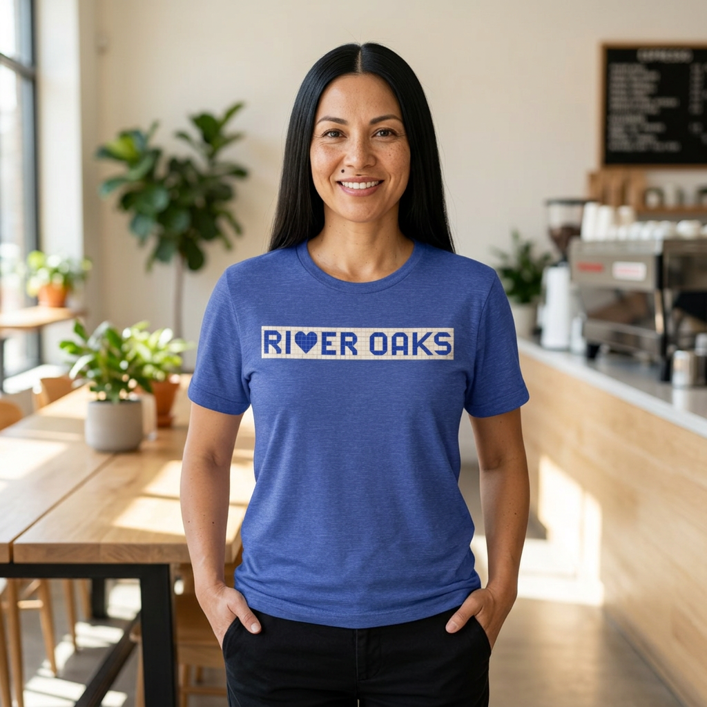 RIVER OAKS Houston T-Shirt - Vintage Blue Tile Shirt - Houston Texas Gift Minimalist HTX Graphic Tee