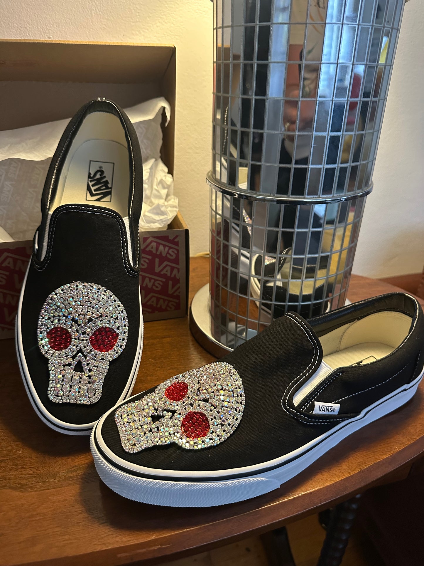 CRYSTAL SKULL VANS - HAND EMBELLISHED black slip-ons SIZE 12