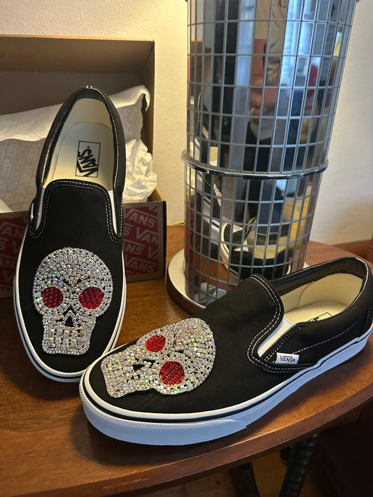 CRYSTAL SKULL VANS - HAND EMBELLISHED black slip-ons SIZE 12