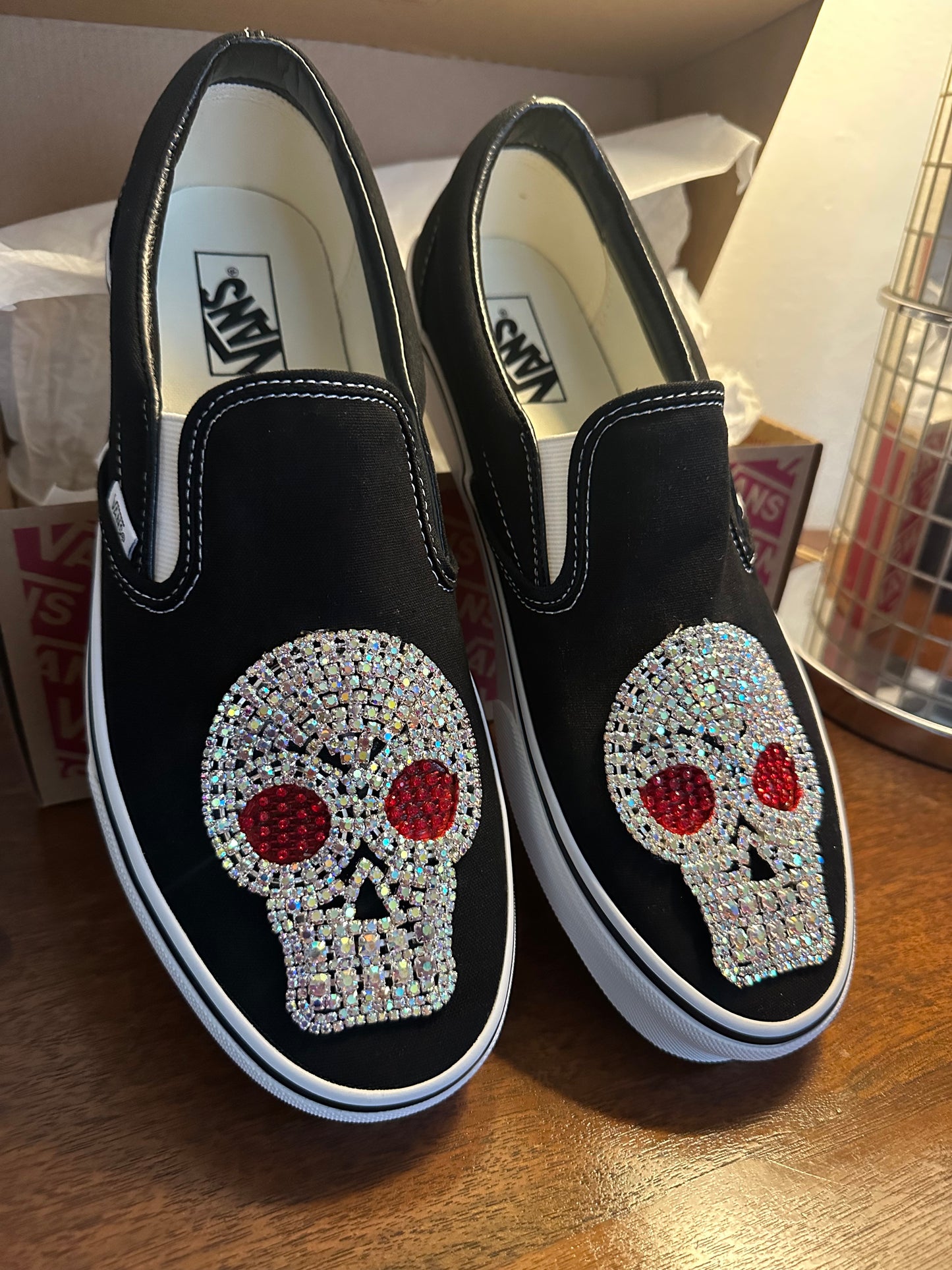 CRYSTAL SKULL VANS - HAND EMBELLISHED black slip-ons SIZE 12