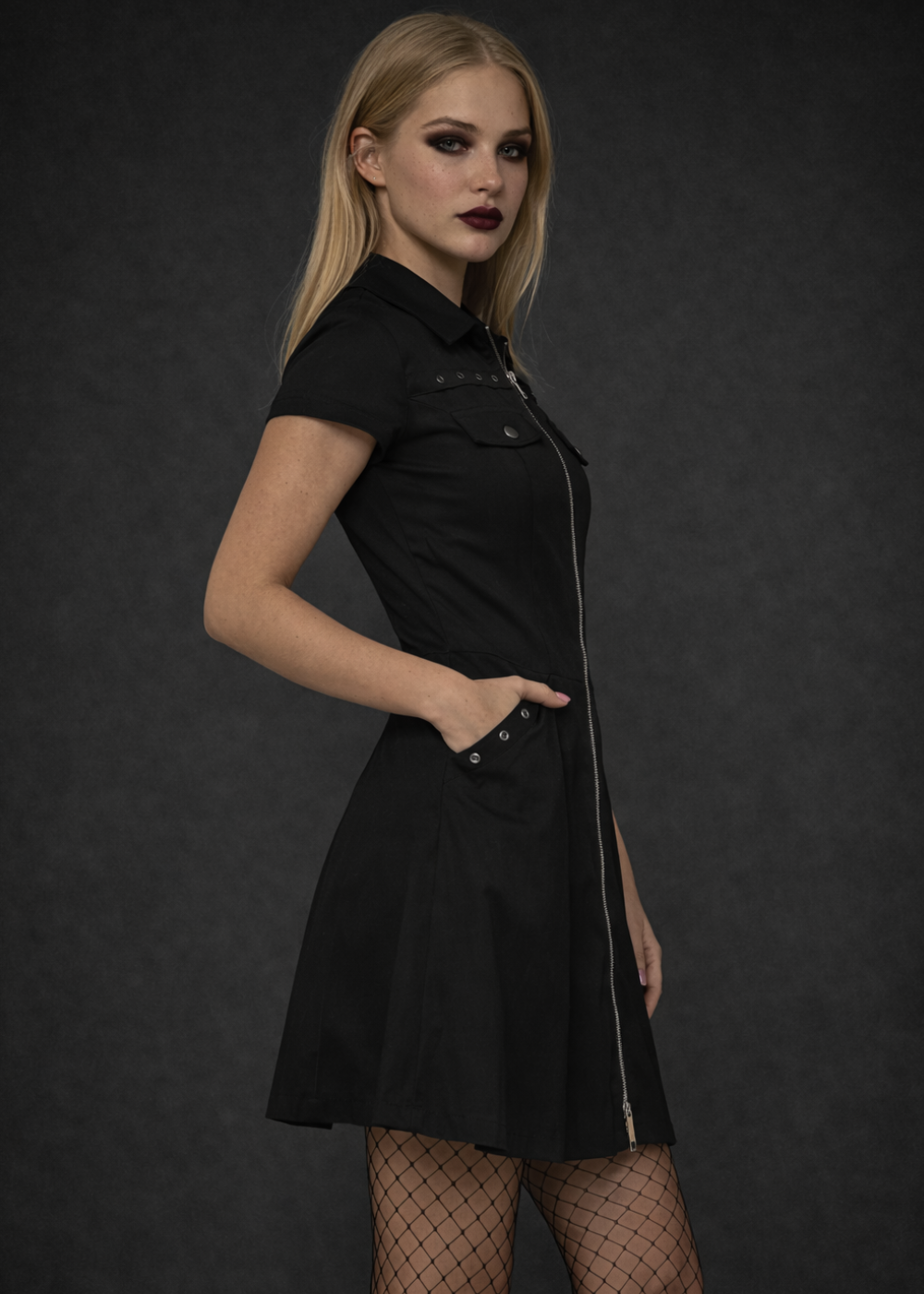 Black Gothic Mini Dress with Front Zipper