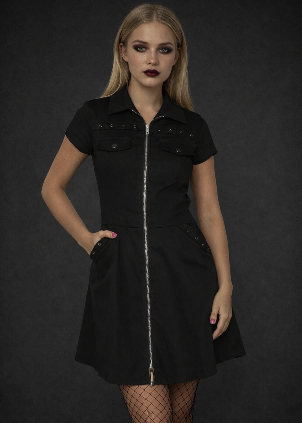 Black Gothic Mini Dress with Front Zipper