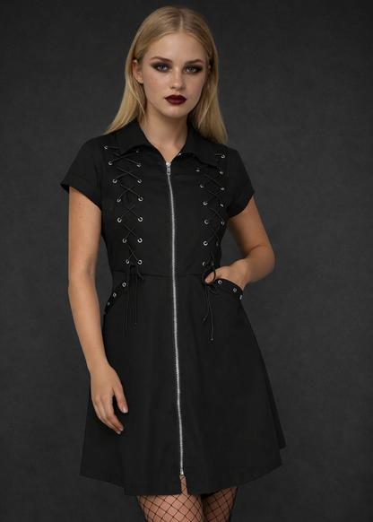 Gothic Black Mini Dress with Lace Up Detail