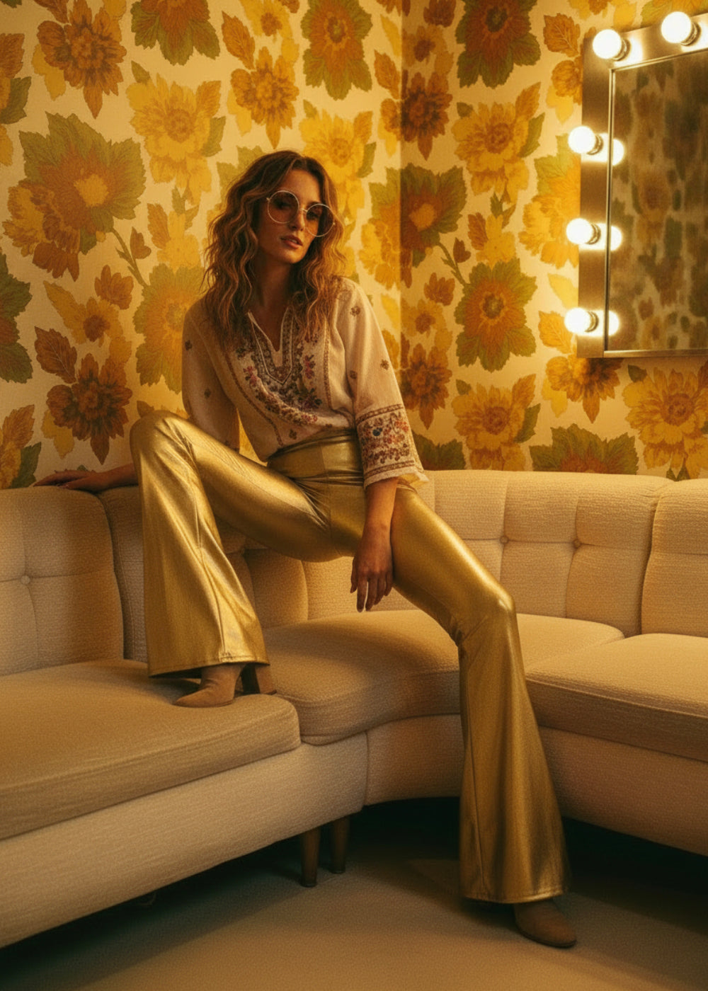 Gold Metallic Faux Leather Bell Bottoms | Flare Pants
