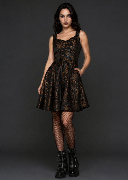 Gothic Brocade Corset Dress | Black & Gold Dark Academia Mini Dress