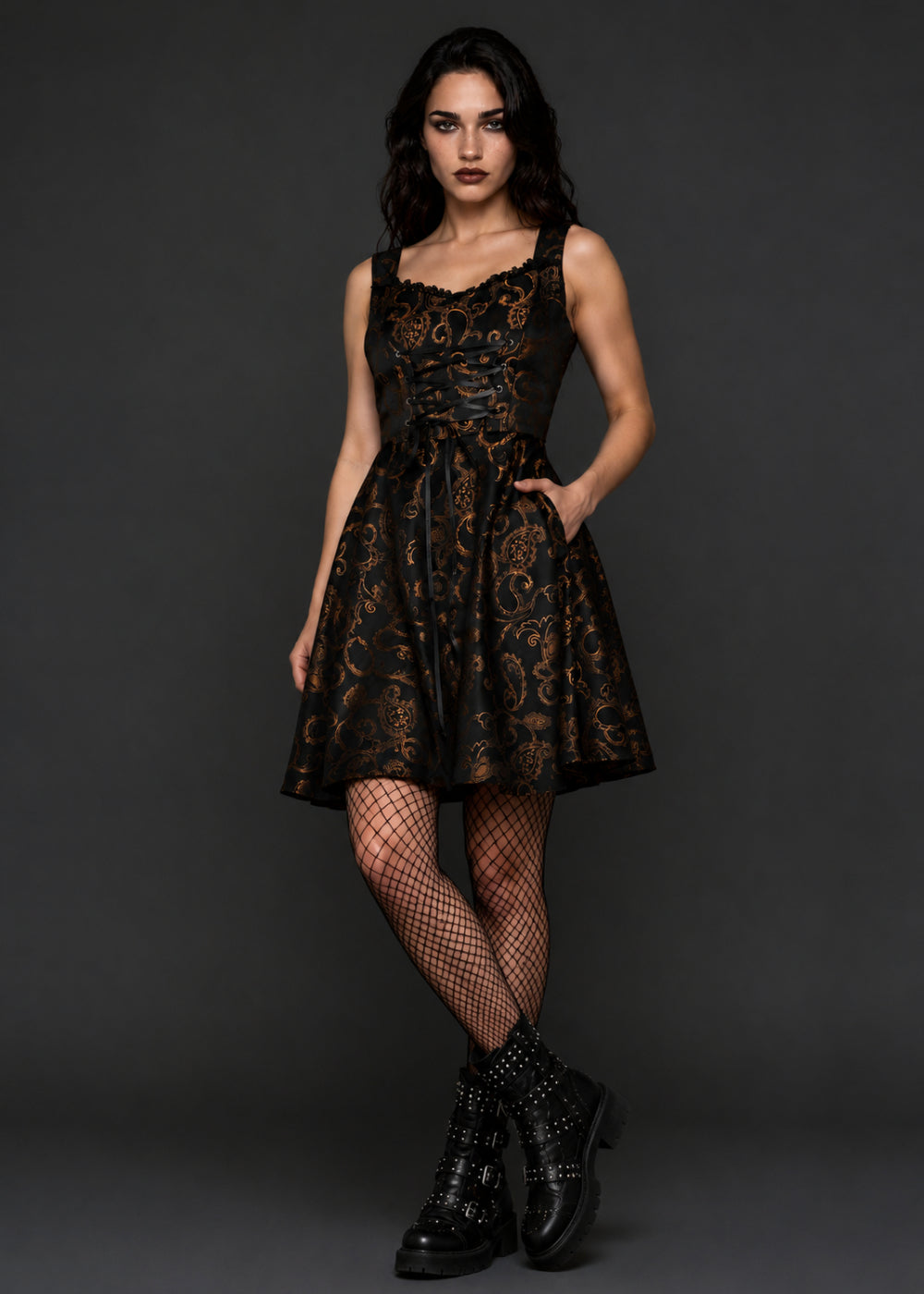 Gothic Brocade Corset Dress | Black & Gold Dark Academia Mini Dress