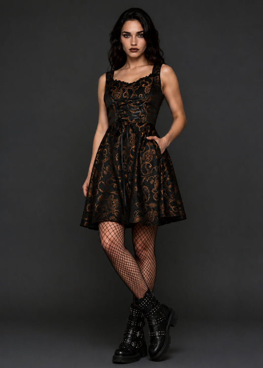 Gothic Brocade Corset Dress | Black & Gold Dark Academia Mini Dress