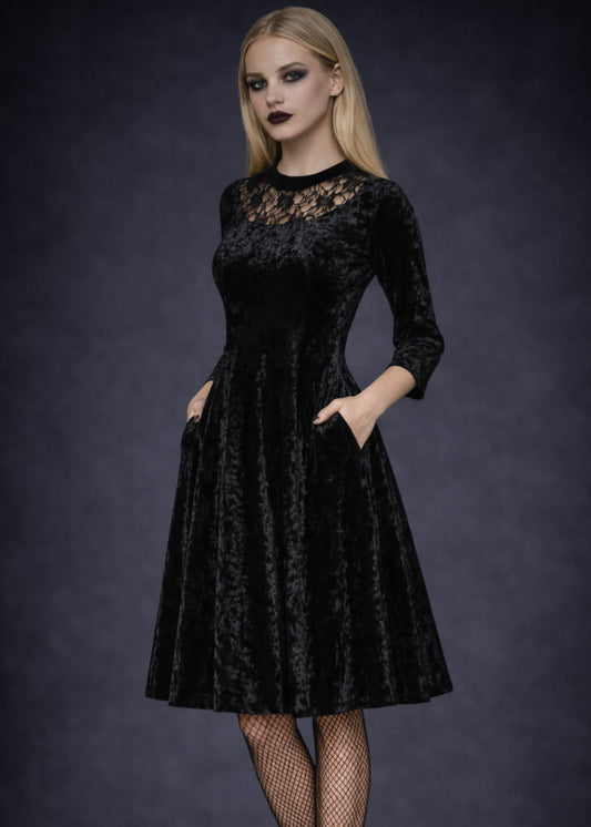Black Velvet Gothic Dress with Lace Details