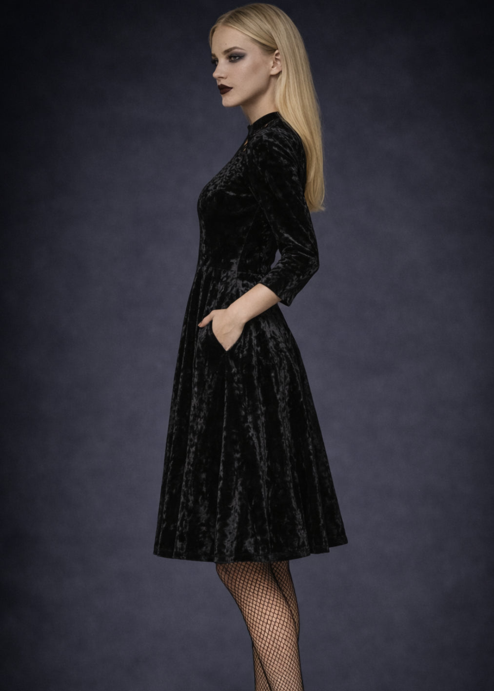 Black Velvet Gothic Dress with Lace Details