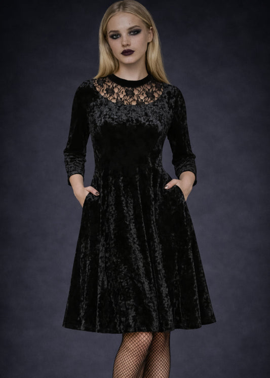 Black Velvet Gothic Dress with Lace Details