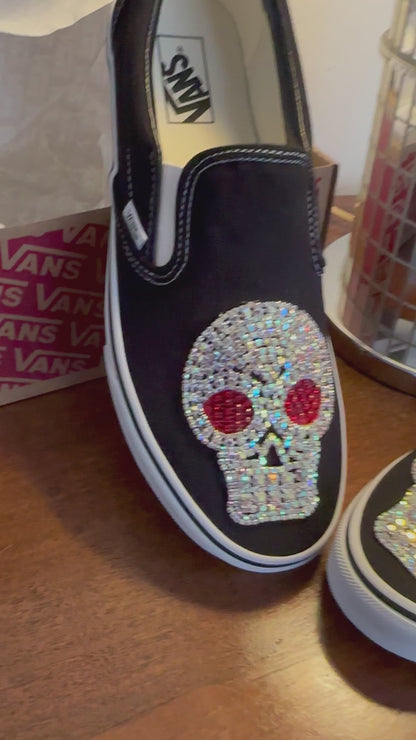 CRYSTAL SKULL VANS - HAND EMBELLISHED black slip-ons SIZE 12
