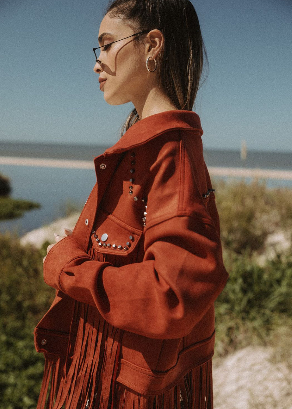 Festival Ready Red Fringe Jacket with Studs